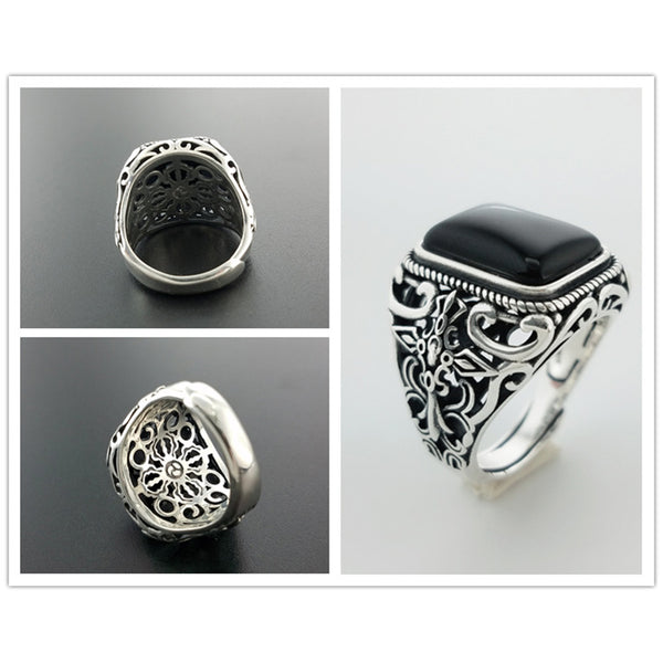 Real 925 Sterling Silver Natural Black Onyx Stone Ring*