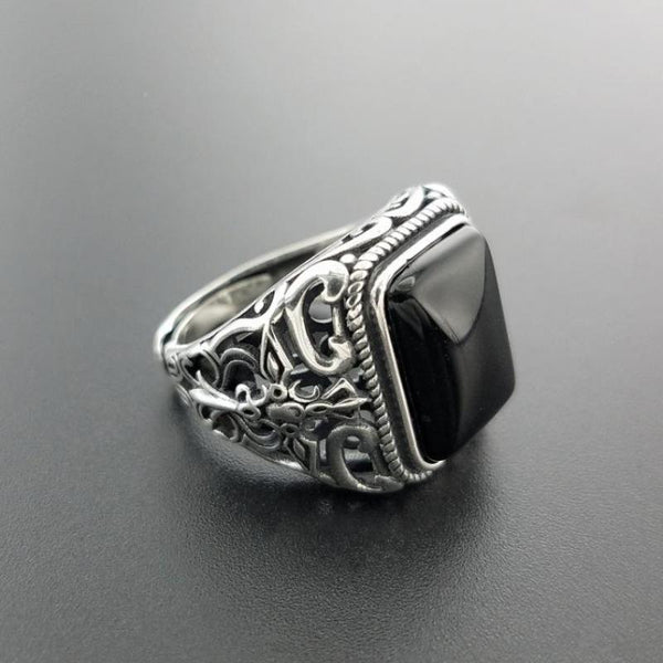 Real 925 Sterling Silver Natural Black Onyx Stone Ring*