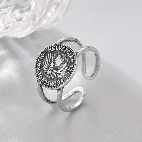 925 Sterling SilverRetro Old Coin Portrait Ring Korean Personality*