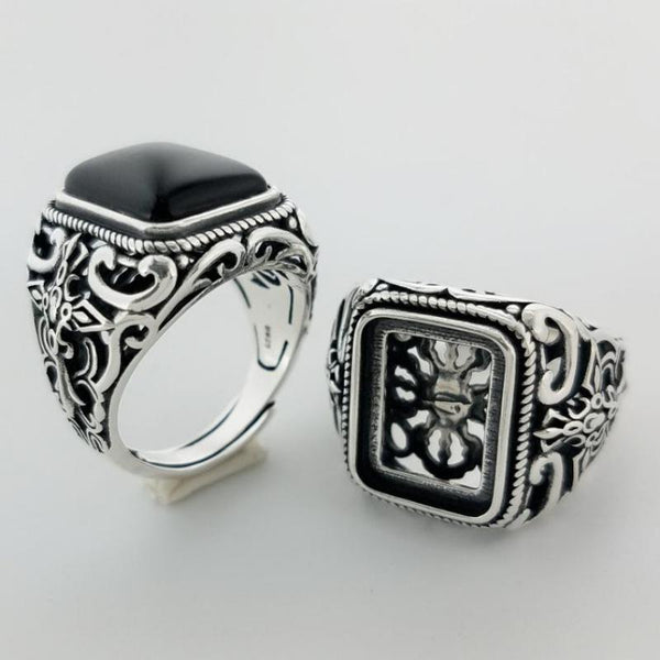 Real 925 Sterling Silver Natural Black Onyx Stone Ring*