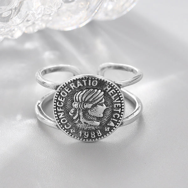 925 Sterling SilverRetro Old Coin Portrait Ring Korean Personality*