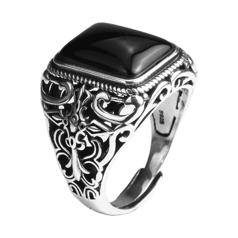 Real 925 Sterling Silver Natural Black Onyx Stone Ring*